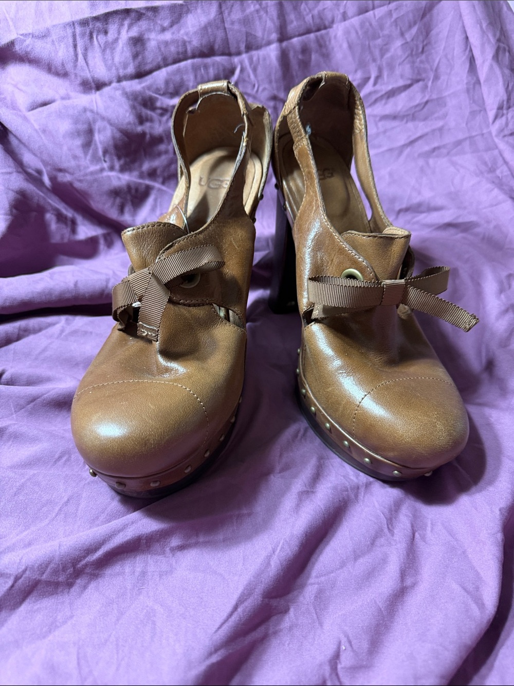 UGG Brown Leather Ribbon-Accent Platform Clog Heels